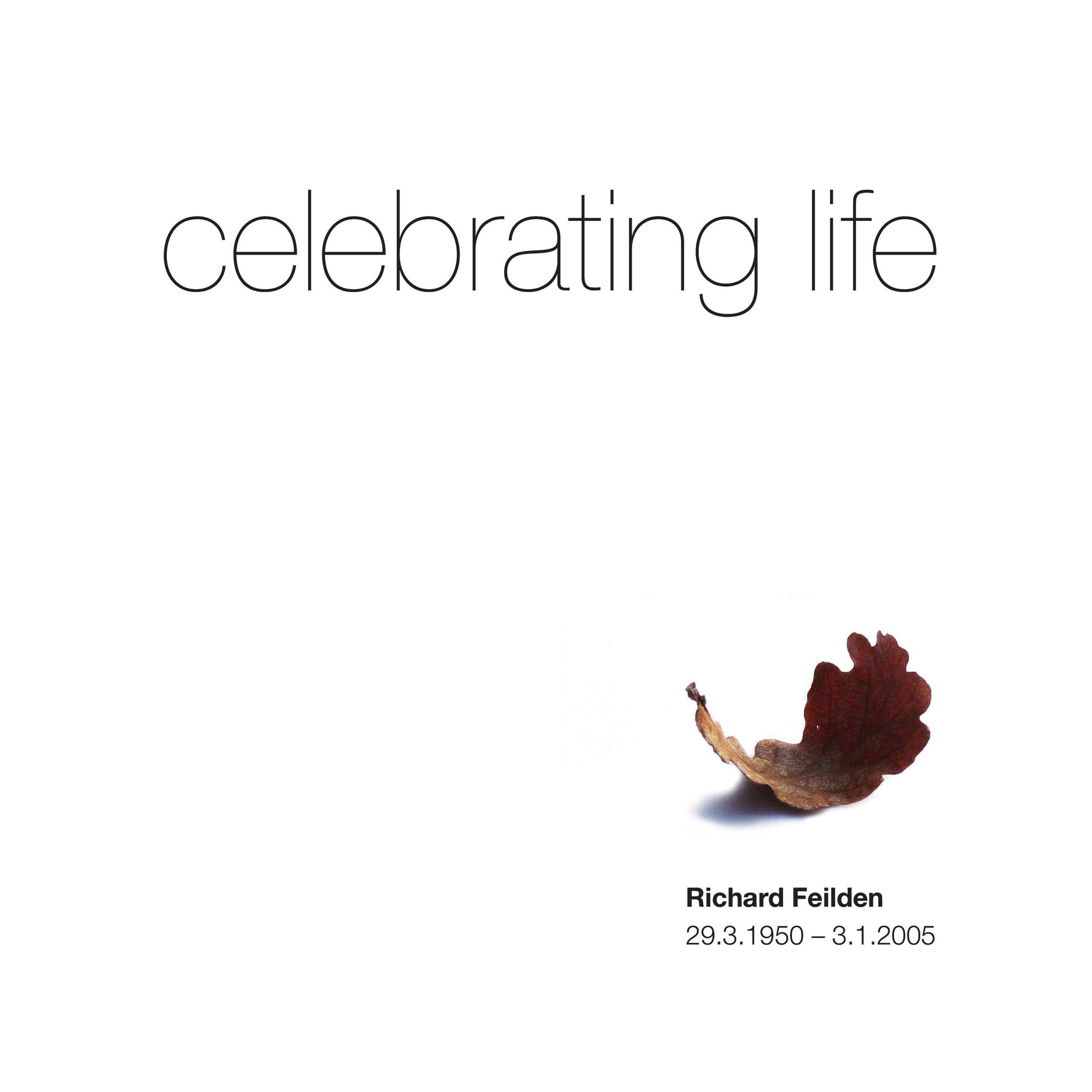 Text memorial for Richard Feilden, with birth and death dates, against a white background, and dried leaves on the bottom right corner.