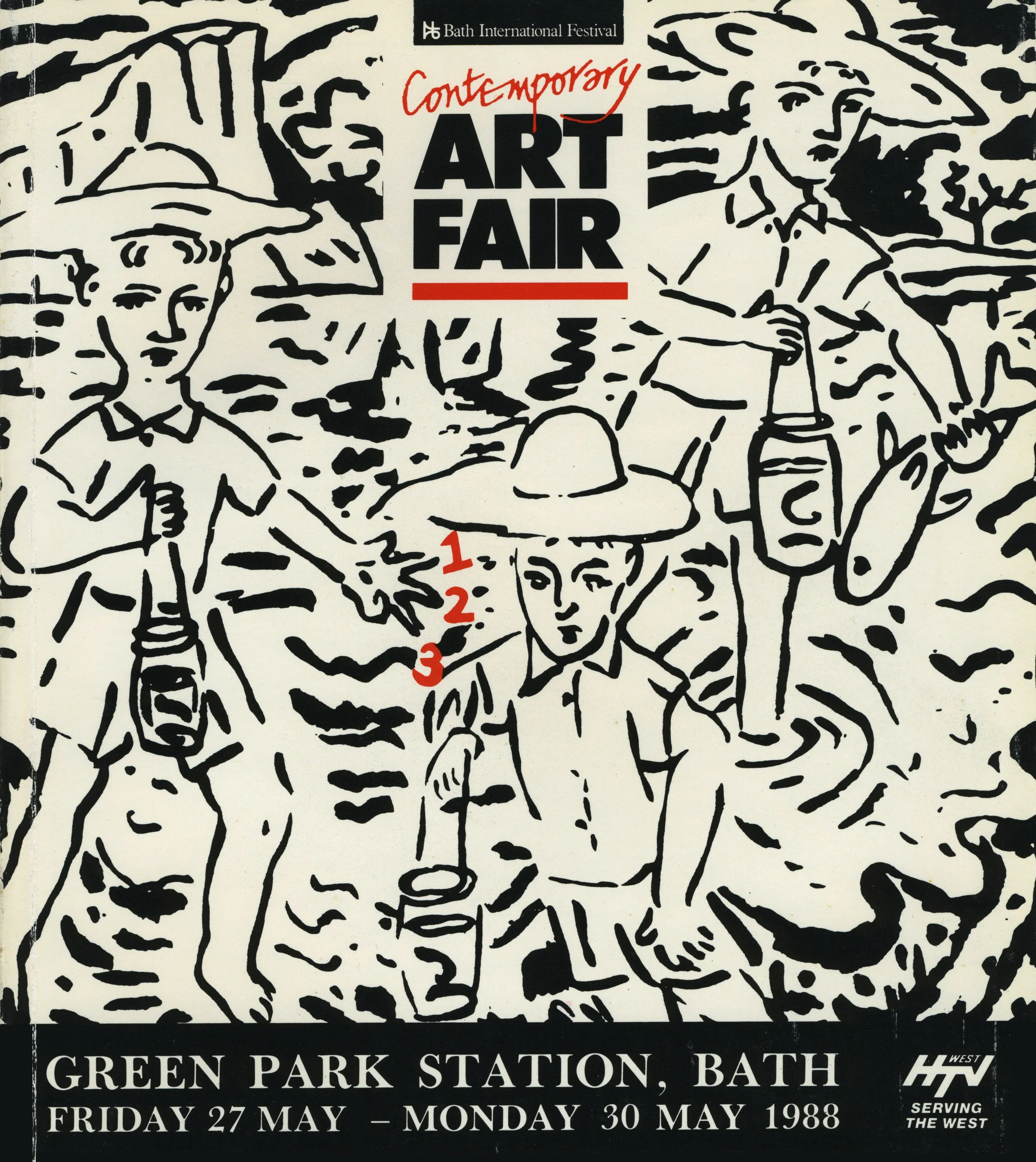 Event poster for the Bath International Festival featuring contemporary art fair. The poster has a black and white abstract illustration of various faces and figures. The text states the event is at Green Park Station, Bath from Friday, May 27 to Mon