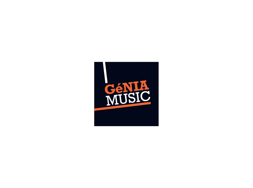 Logo with the words "GÉNIA MUSIC" in orange and white text on a dark background.