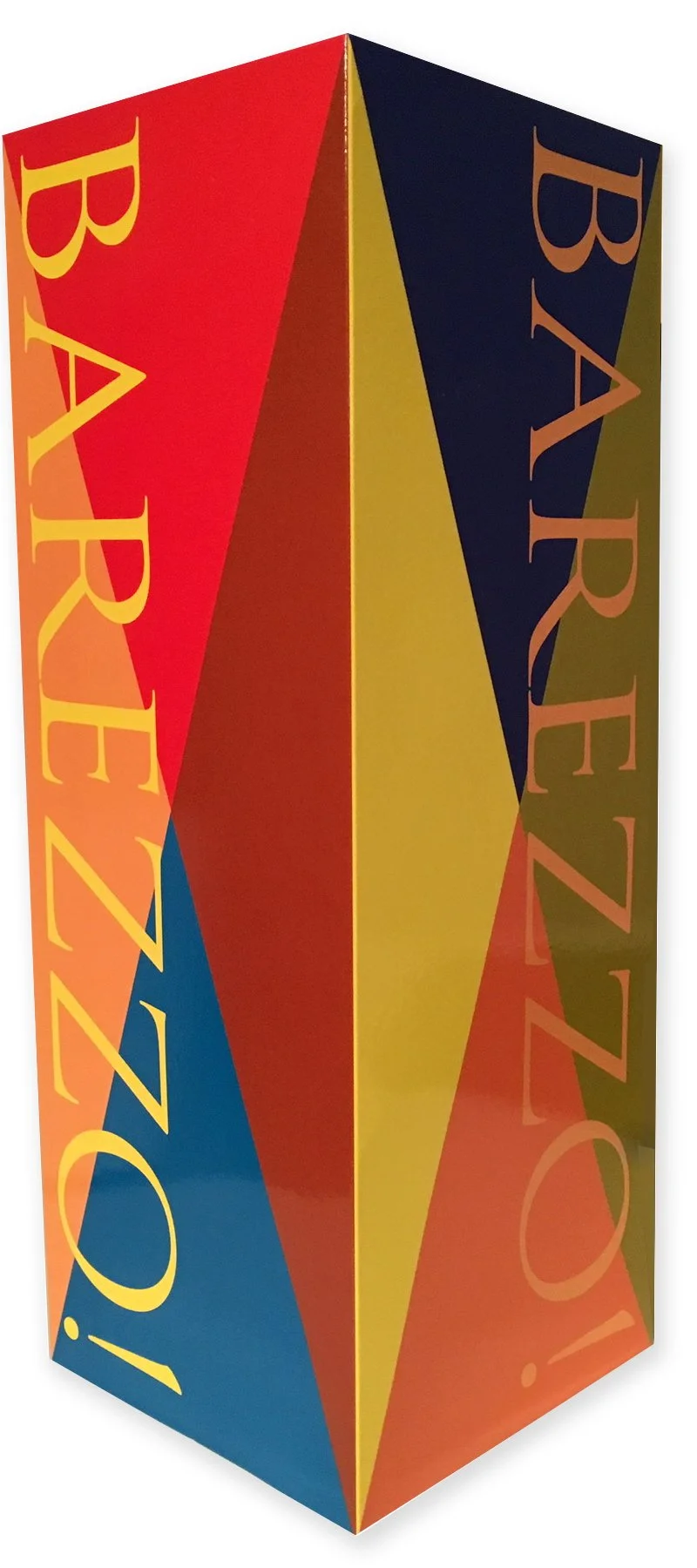 Colorful geometric pyramid-shaped box with the word "BARYEZ" written in large gold letters on opposite sides.