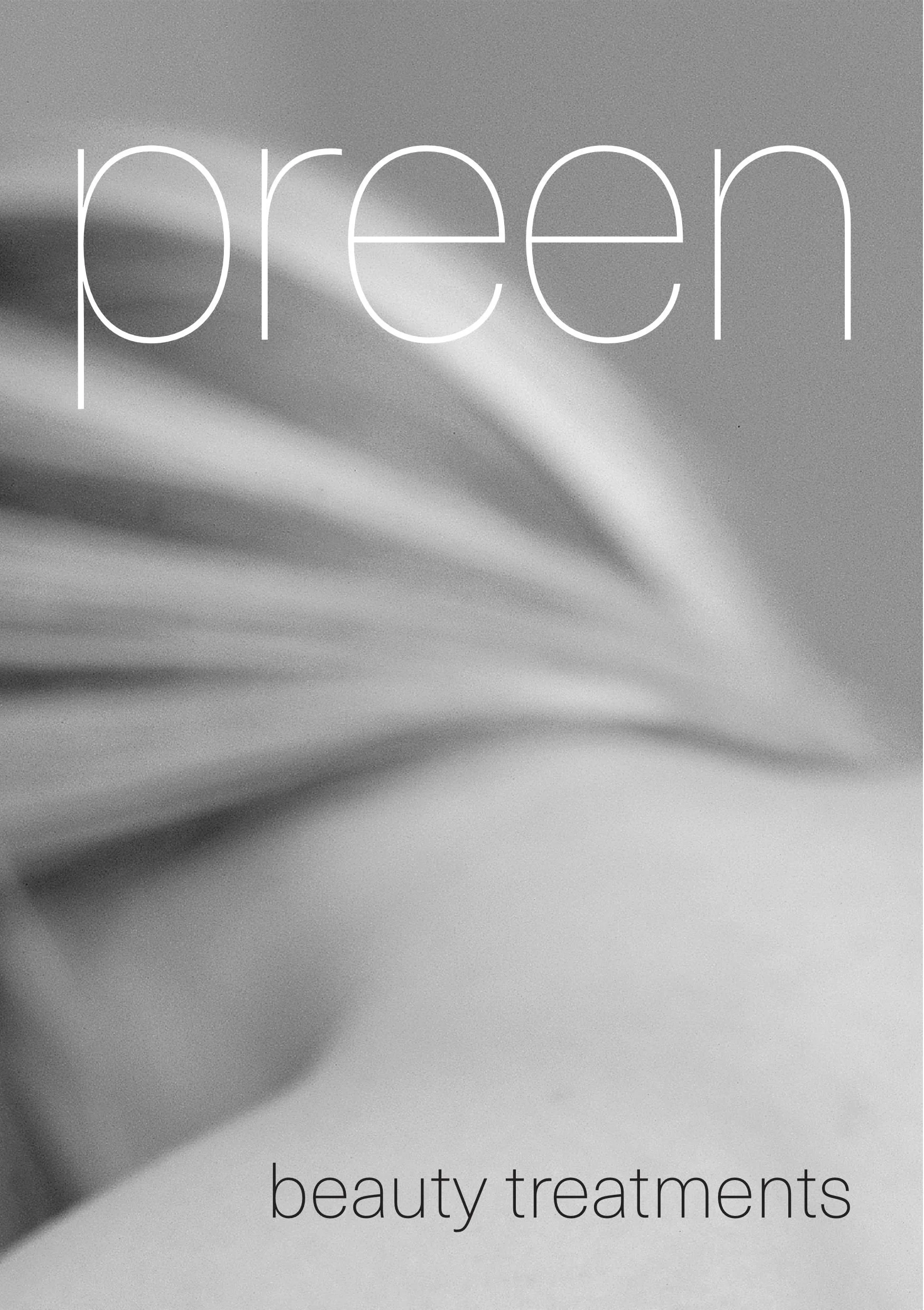Black and white advertisement for beauty treatments, featuring the word 'preen' in large, thin letters and 'beauty treatments' in smaller text below.