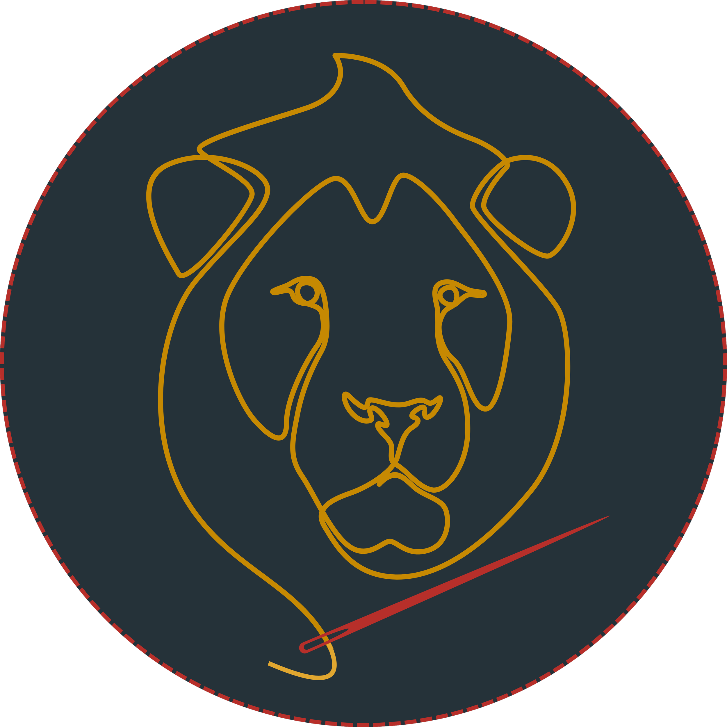 Neon outline of a lion's face with a needle and thread.