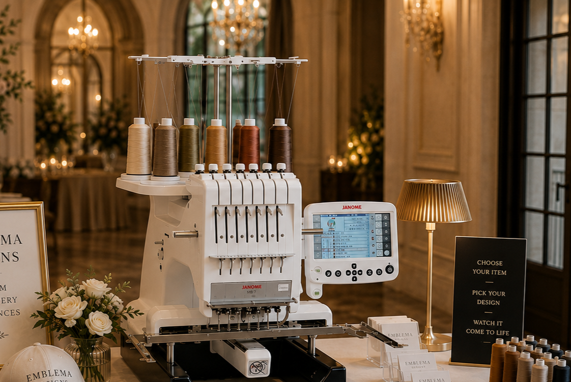 Embroidery machine with spools of thread, a small lamp, and signage at a wedding or event venue.