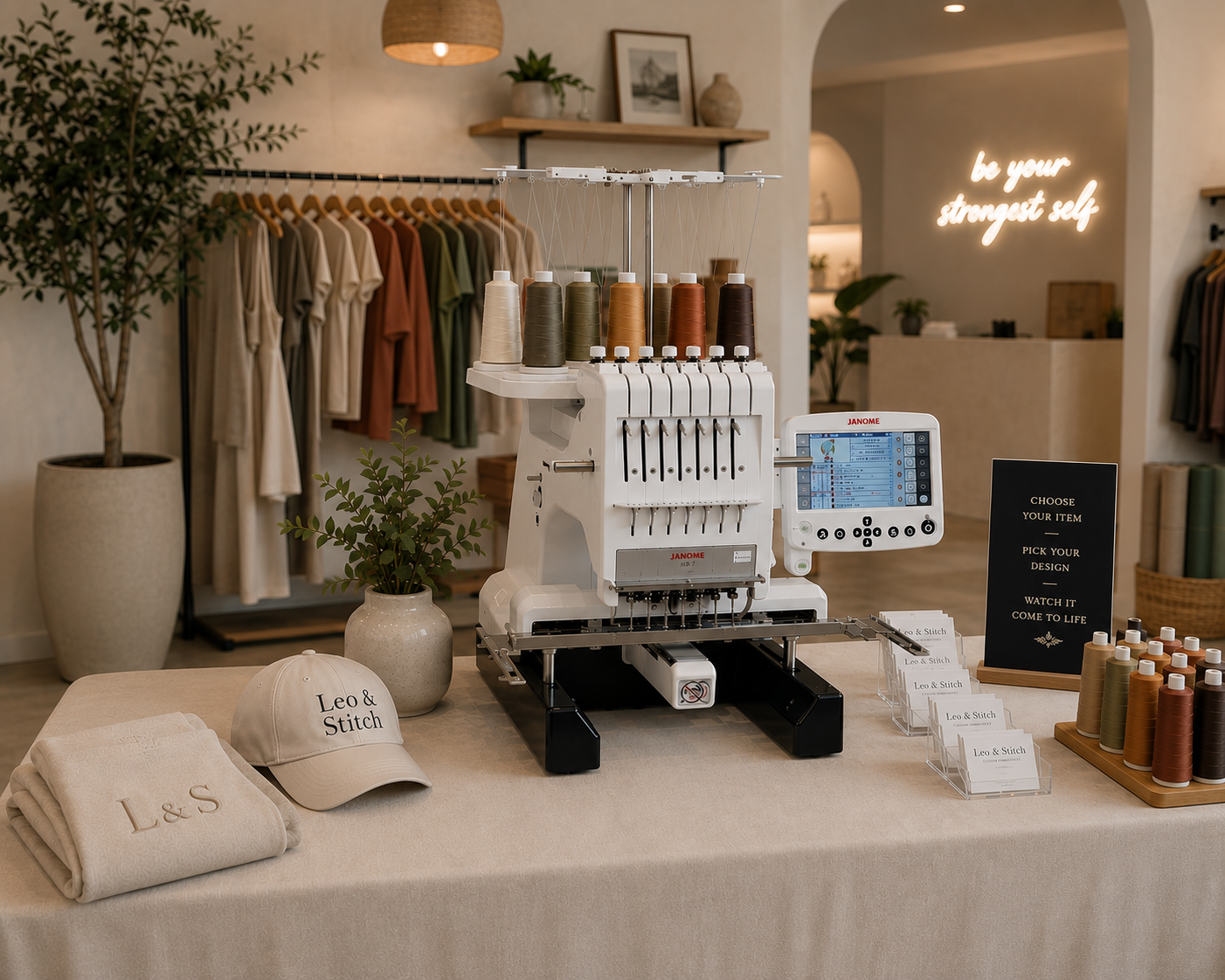 Interior of a clothing store or boutique featuring an embroidery machine and thread on a table with fabric and hats, promoting customization and craftsmanship.