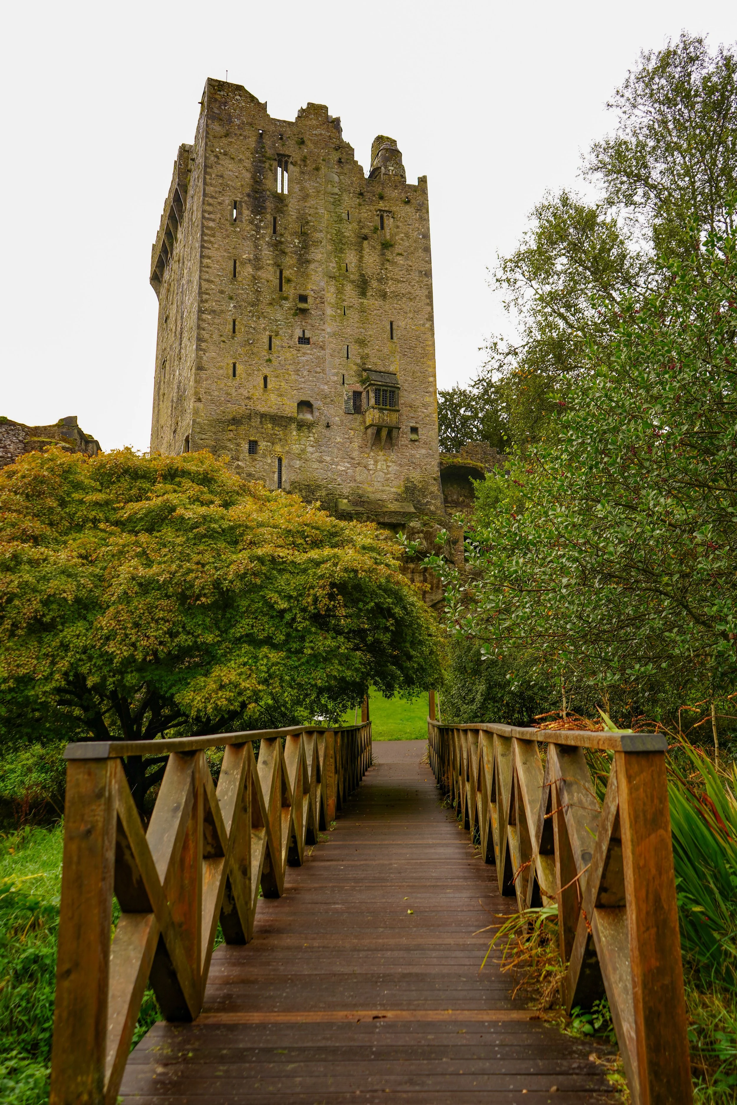 A wooden footbridge leading to a stone castle tower, surrounded by autumn trees with green and orange leaves.