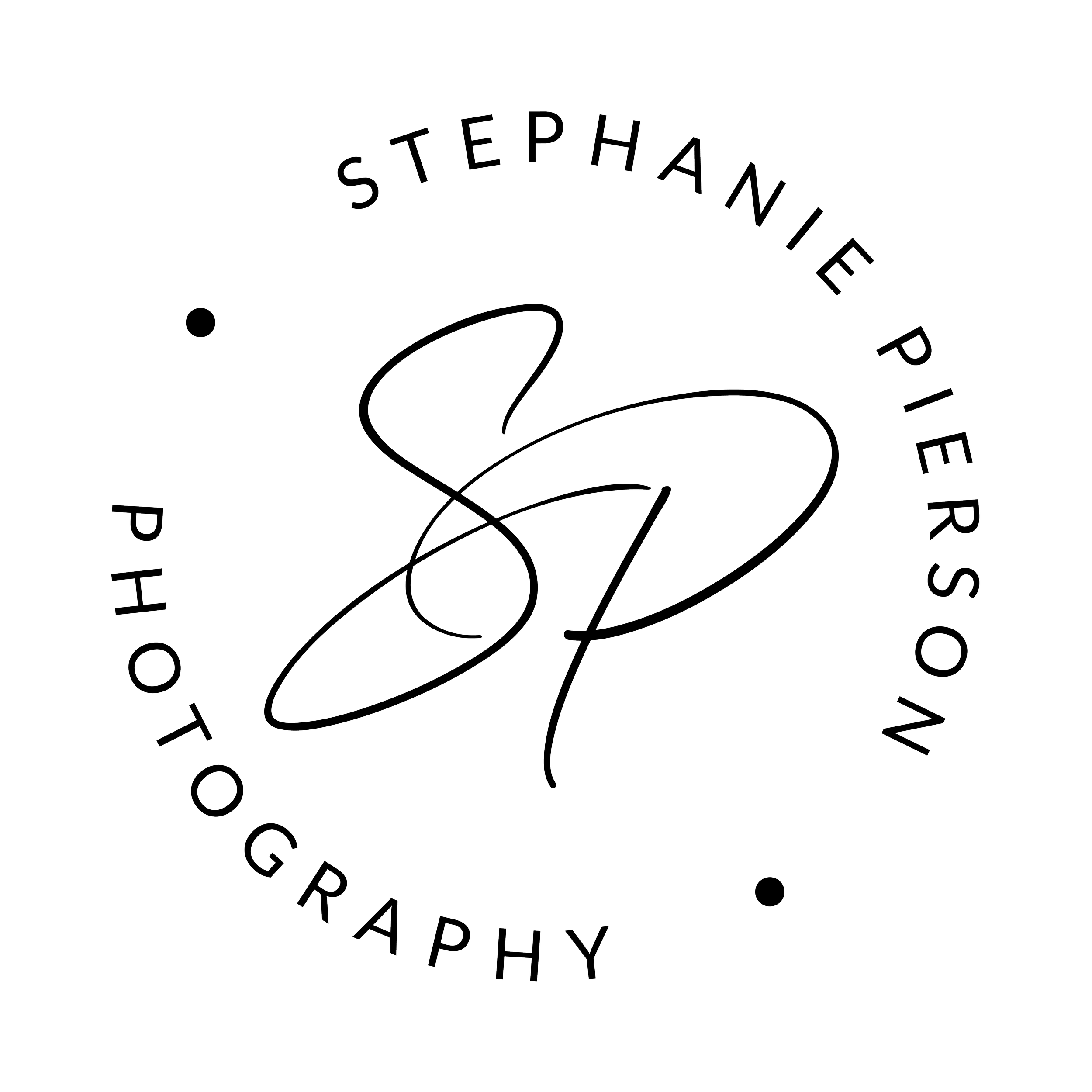 Black background with white outlined text and graphic elements, including the words 'STEPHANIE R.' and scattered letter and circle shapes.