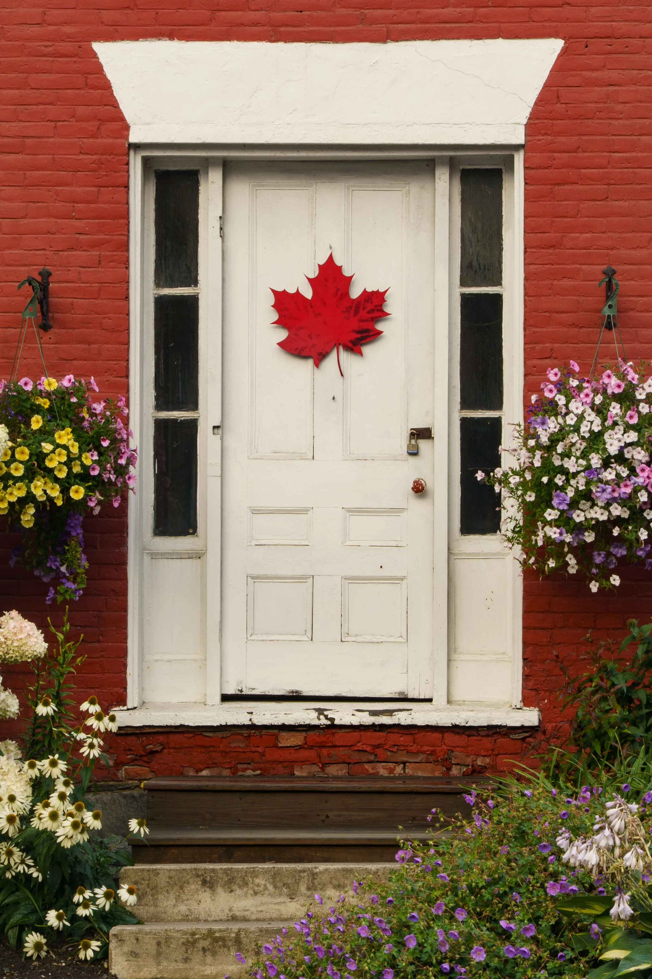 A white front door with a red maple leaf decoration in the center. The door is set in a red brick wall with black-tinted glass panels on either side. There are hanging flower baskets with pink, purple, yellow and white flowers on either side of the d