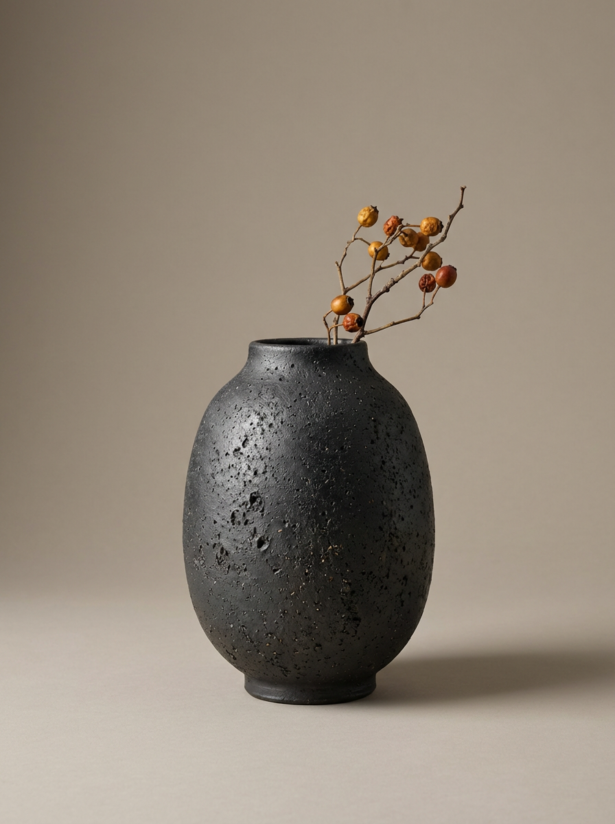 Black textured ceramic vase with a narrow opening, holding a small branch with tiny rounded berries against a neutral background.