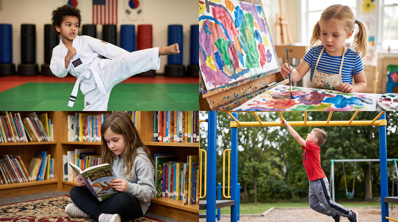 A collage of four children engaging in different activities. A girl practicing martial arts in a dojo, a girl painting at an art easel, a girl reading a book in a library, and a boy playing on a jungle gym outside.