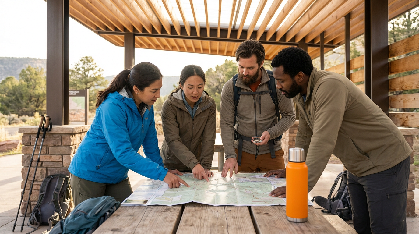 Four hikers gather around a large map on a picnic table under a wooden shelter, preparing for a trail hike, with backpacks and hiking poles nearby.