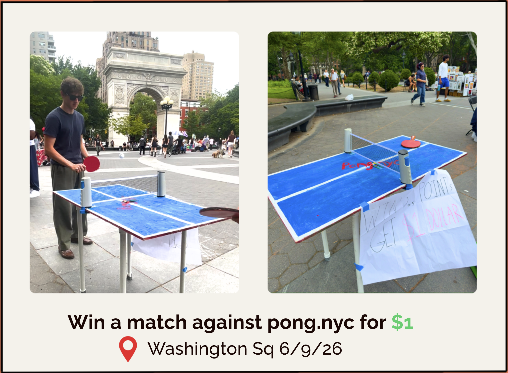 Two images of a ping pong game setup at an outdoor park, with a blue table, paddles, and a sign about winning points for a donation, located at Washington Square in New York City.