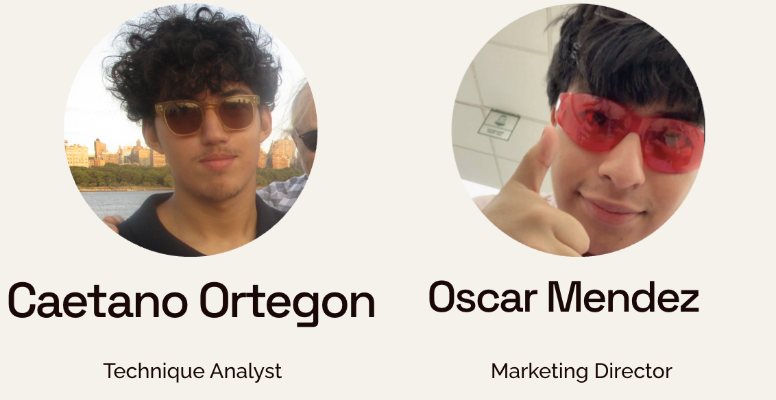 Profile images of two young men, Caetano Ortegon and Oscar Mendez, with their names and job titles below. Caetano is labeled as a Technique Analyst, wearing sunglasses outdoors. Oscar is labeled as Marketing Director, wearing red sunglasses indoors and giving a thumbs-up.