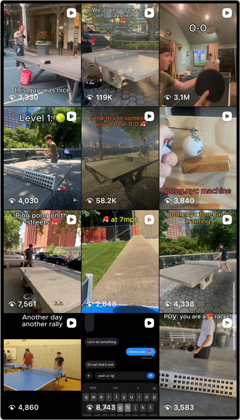 A collage of TikTok videos featuring people playing ping pong outdoors and indoors, with various scenes of players, ping pong tables, and related activities.