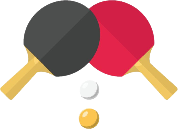 Two table tennis paddles, one with a black surface and the other with a red surface, positioned downwards on a white surface with two ping pong balls, one white and one yellow.