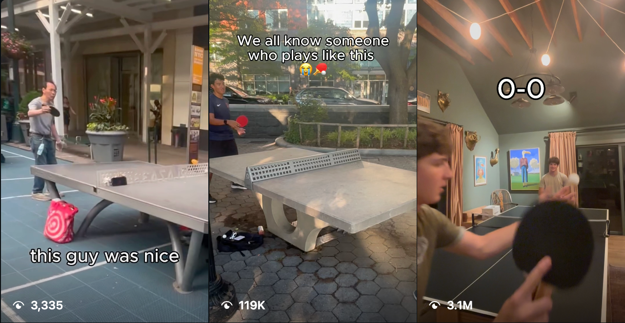 Three videos of people playing ping pong. The first video shows a man outside, smiling, standing next to a ping pong table with a red target on the table, with the caption 'this guy was nice'. The second video shows a person outside at a park, holding a ping pong paddle and ball, with the caption 'We all know someone who plays like this' and a crying face emoji. The third video shows two young men playing ping pong indoors, with one of them holding a paddle and ball, with the caption 'O-O'.