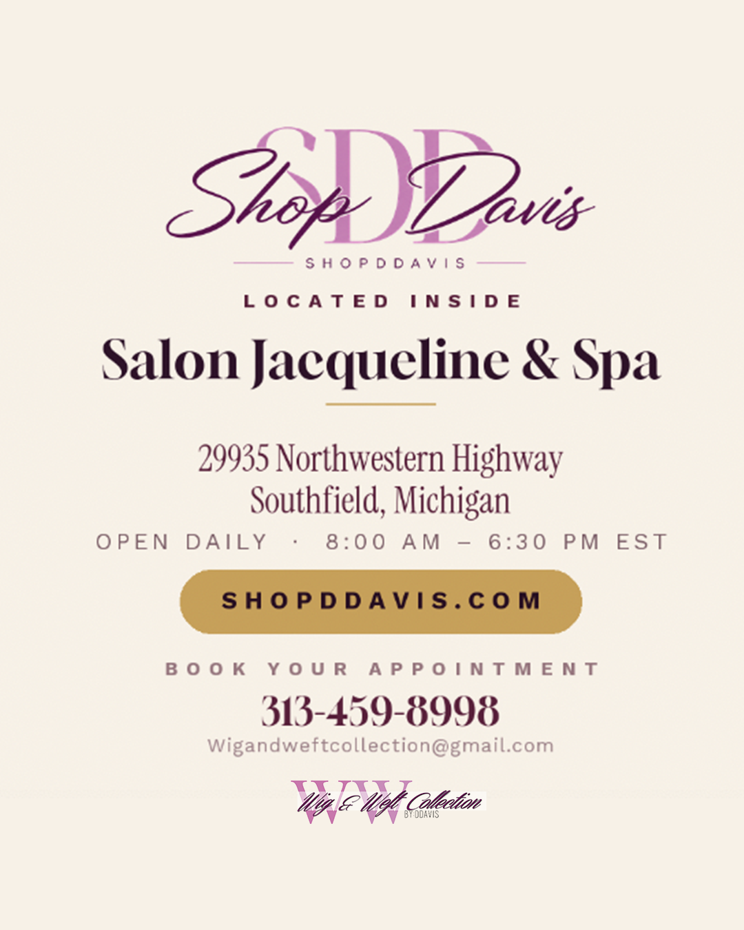 Business advertisement for Shop D. D. Davis, promoting Salon Jacqueline & Spa located at 29935 Northwestern Highway, Southfield, Michigan. Open daily from 8:00 AM to 6:30 PM EST. Website: shopddavis.com. Phone: 313-459-8998. Email: wigandweftcollection@gmail.com.
