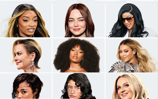 Collage of nine women with diverse hairstyles and makeup.