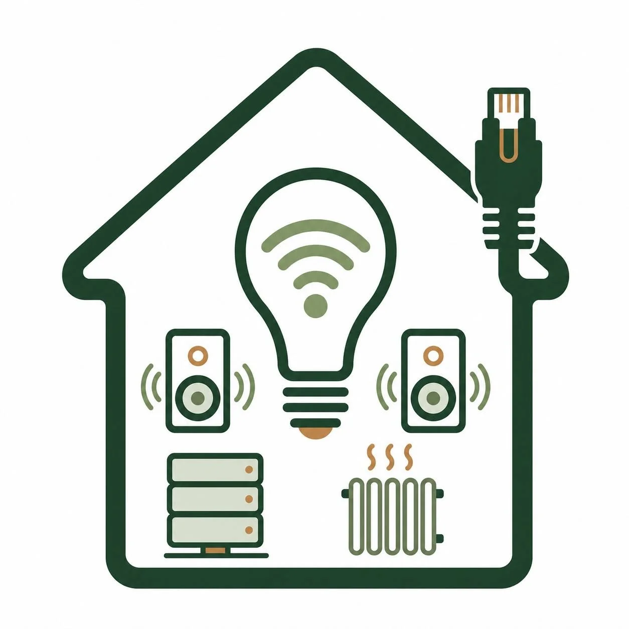 Illustration of a smart home with Wi-Fi connectivity, including a house outline, a Wi-Fi symbol as a light bulb, speakers, a radiator, and an electrical plug.