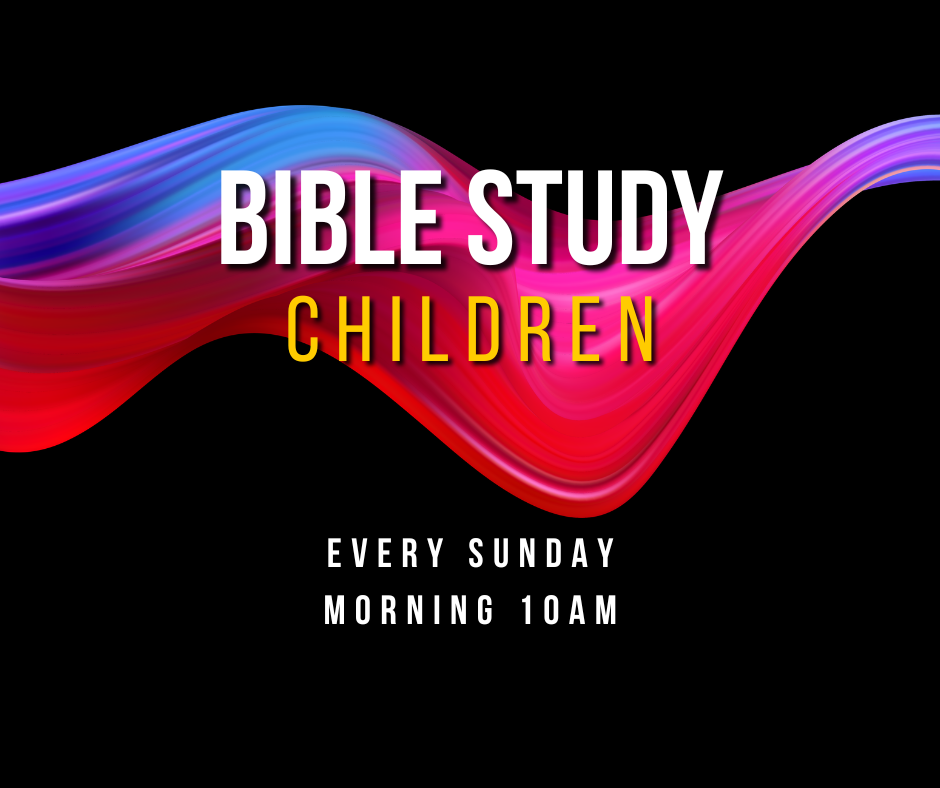 Colorful abstract wave design with text promoting a Bible study for children every Sunday at 10 AM.