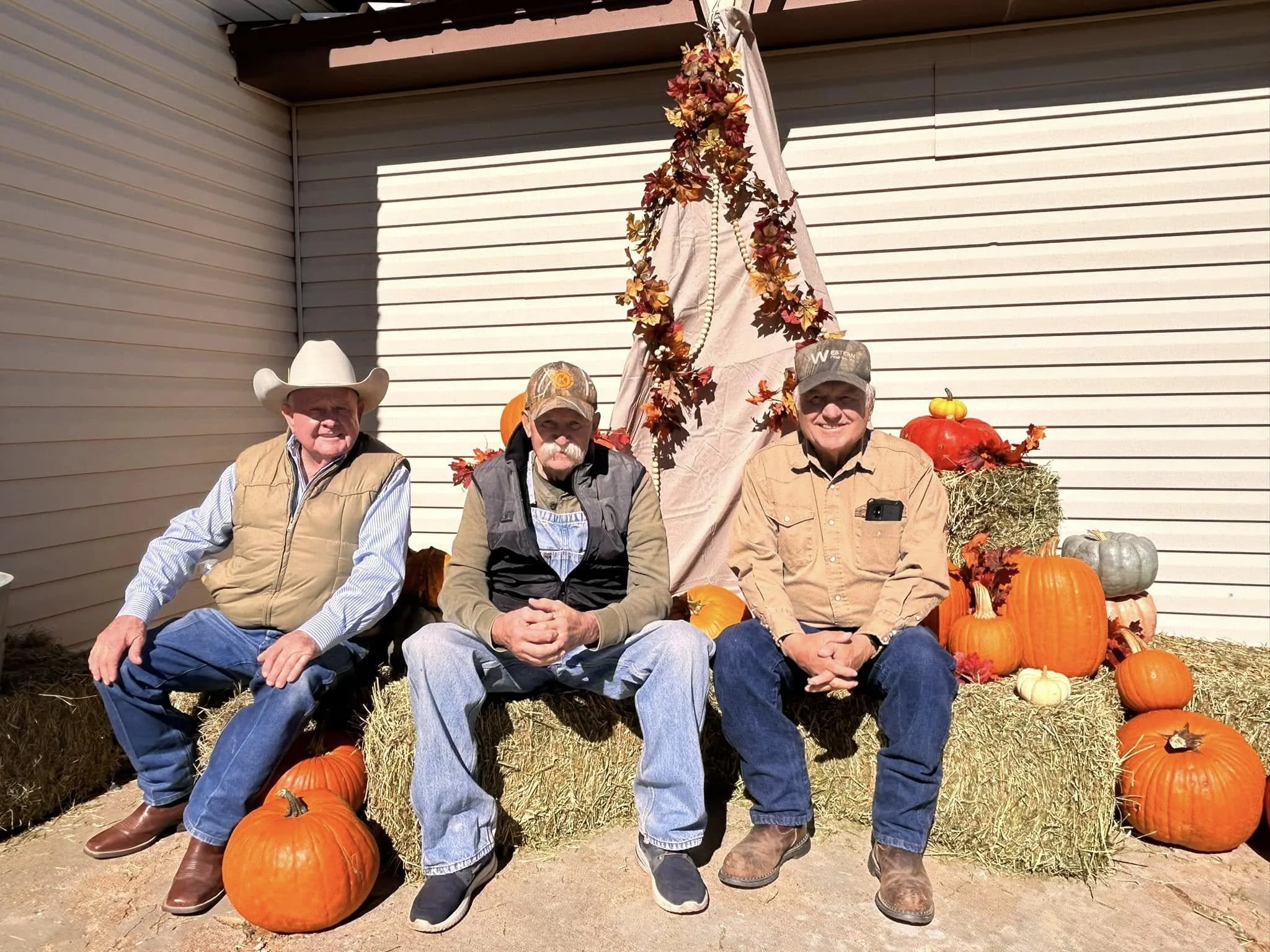Three men sitting on hay bales in front of a decorative fall display with pumpkins, gourds, and autumn leaves, posing for a photo outdoors.