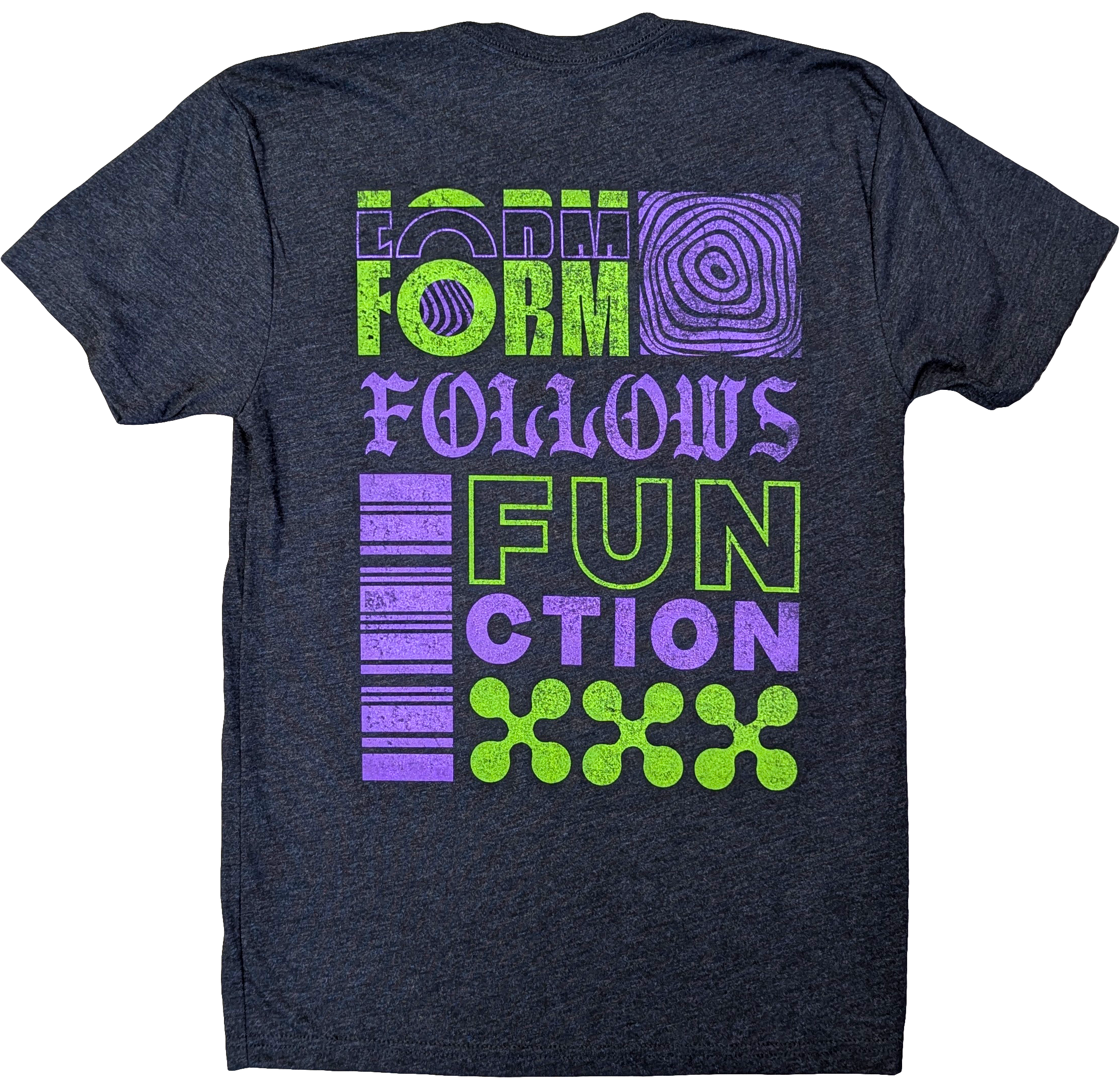Dark gray T-shirt with text and designs printed in neon green and purple, promoting a social or political cause.