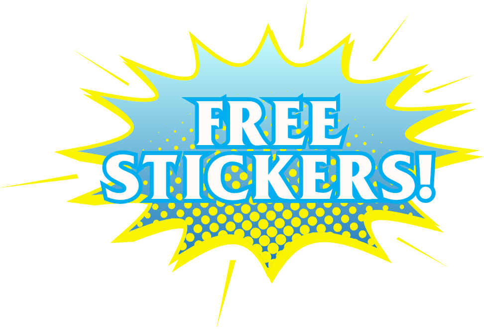 Bright comic-style graphic with blue and yellow colors, featuring the text "FREE STICKERS!" in bold letters, and a starburst background design.