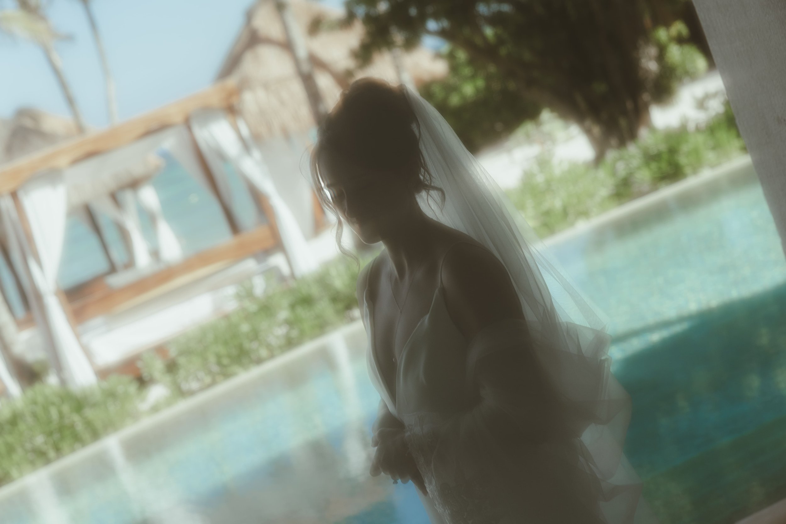 Silhouette of a woman in a wedding dress with a veil, seen through a reflection or window with a garden and thatched roofs in the background.