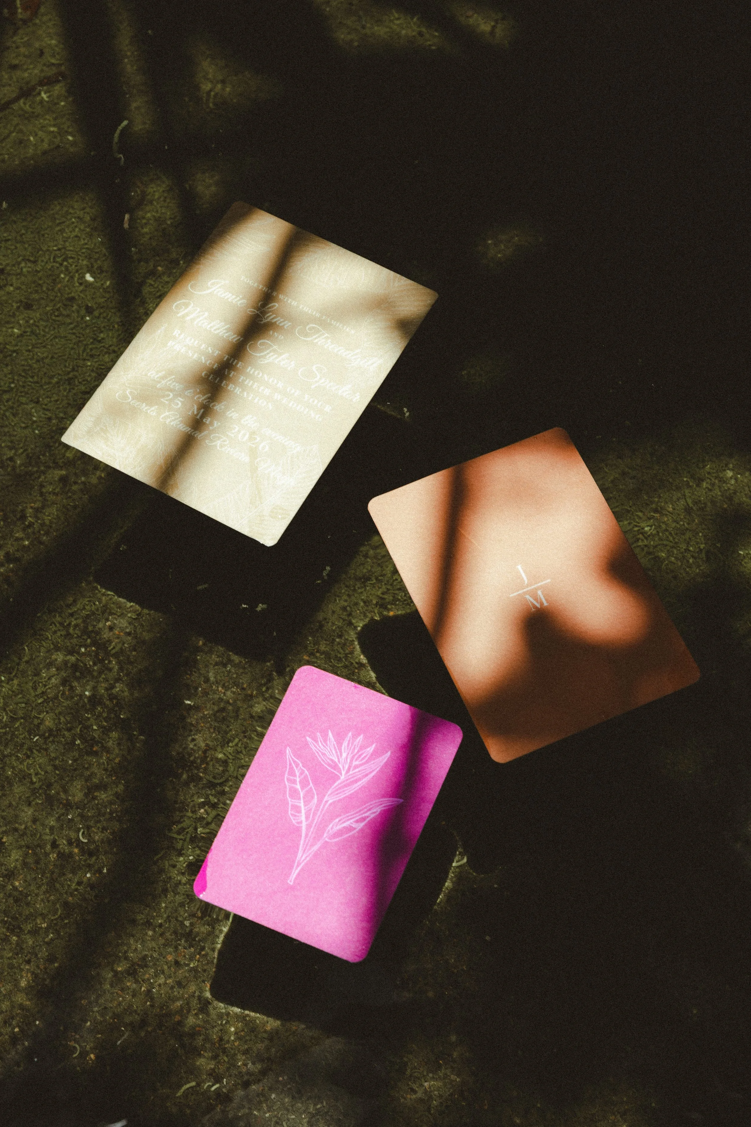 Multiple tarot or oracle cards on a dark, mossy surface. The cards have various designs and colors, including pink, peach, and beige with illustrations of plants and symbols.
