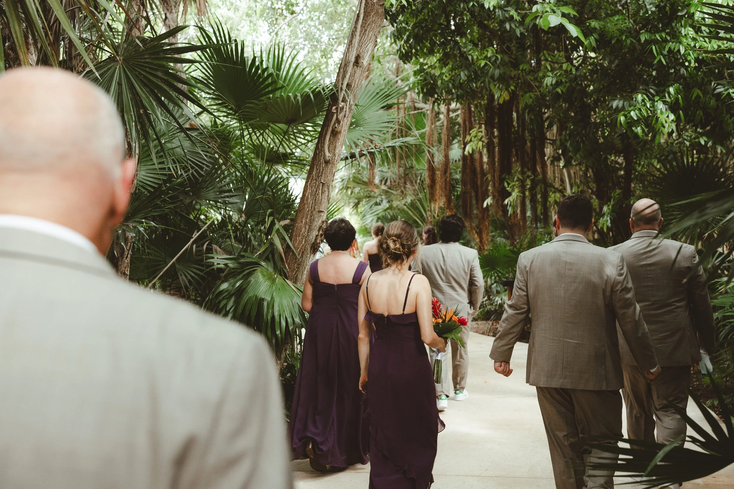 A group of people dressed formally are walking through a lush, green tropical garden or forest, with large leaves and tall trees surrounding them.