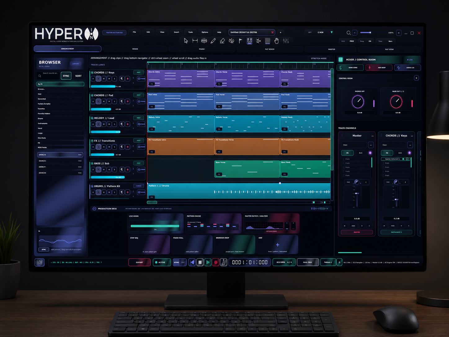 Computer monitor displaying music production software interface with multiple tracks and controls, set on a desk with a keyboard, mouse, and a small potted plant nearby.