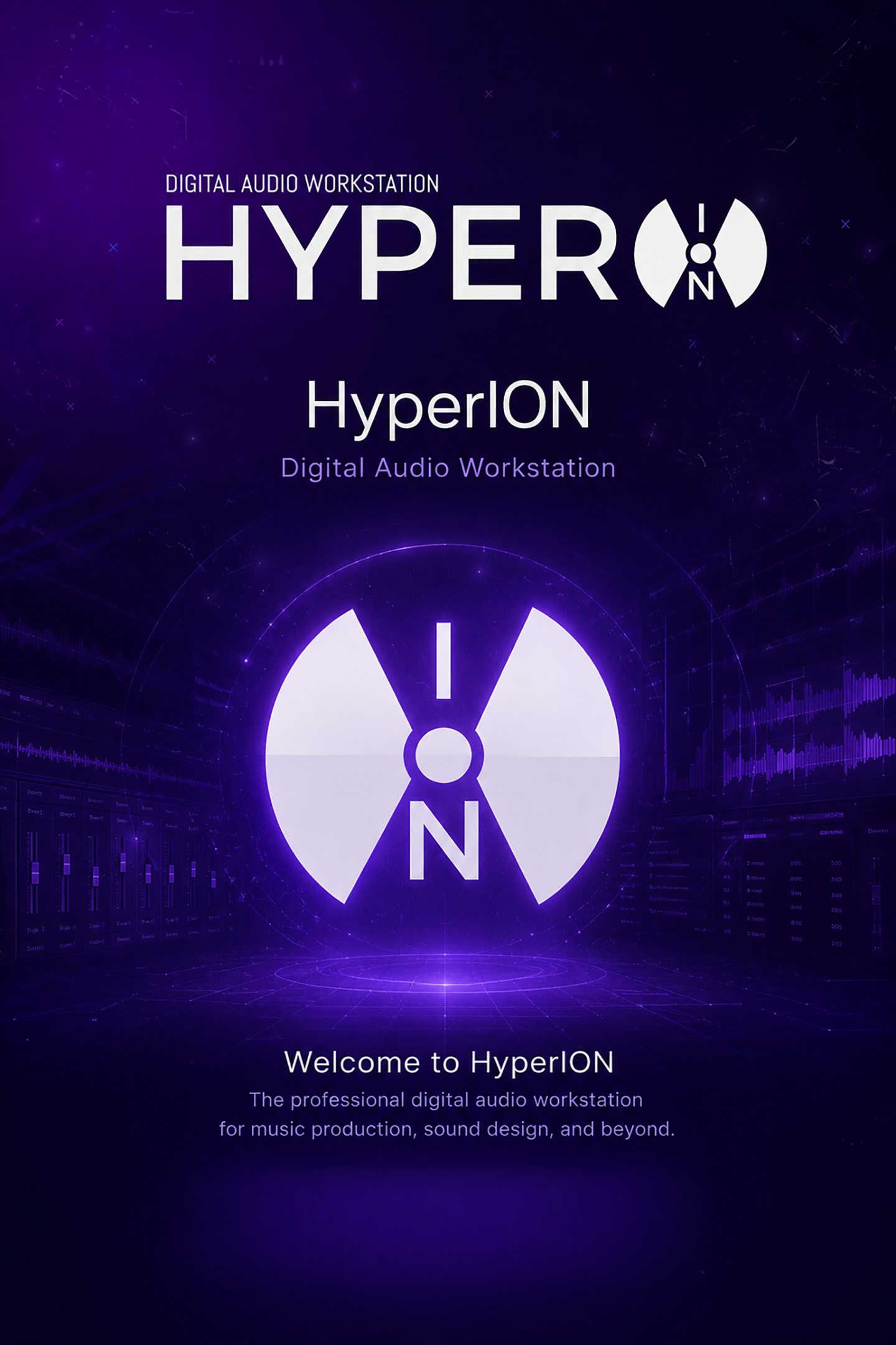 A digital screen displaying the HyperON logo, a large shield with a radiation symbol and an exclamation mark, with text welcoming to HyperON, a professional digital audio workstation for music production, sound design, and beyond.