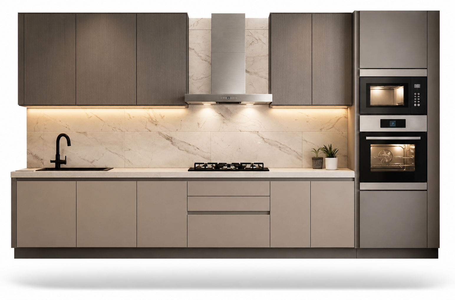 Cocina moderna con gabinetes grises, encimera de piedra, estufa de gas, campana extractora, electrodomésticos integrados y dos plantas decorativas.