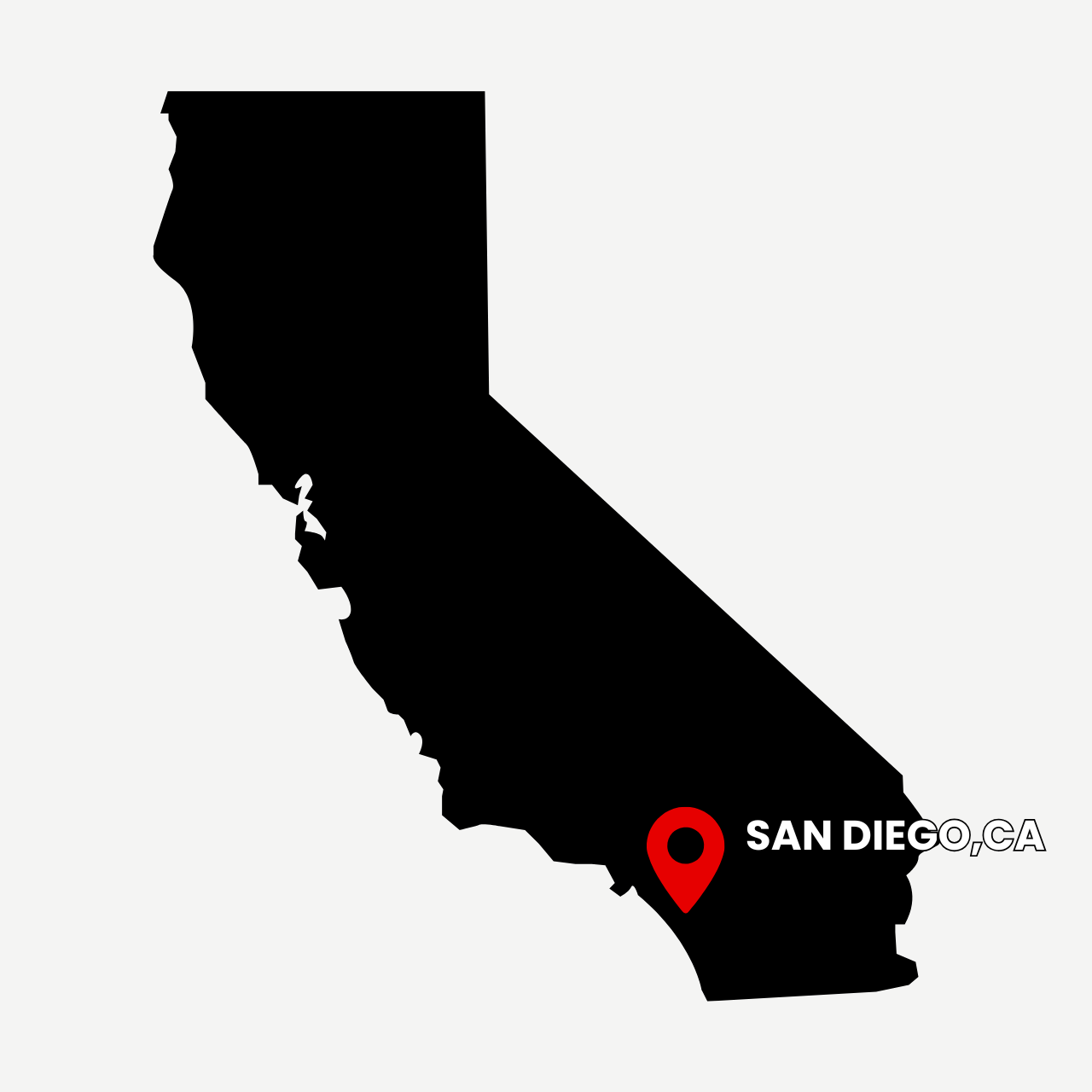 Mapa del estado de California en EE.UU. en color negro, con marcador rojo en la ciudad de San Diego y texto que dice 'San Diego, CA'.
