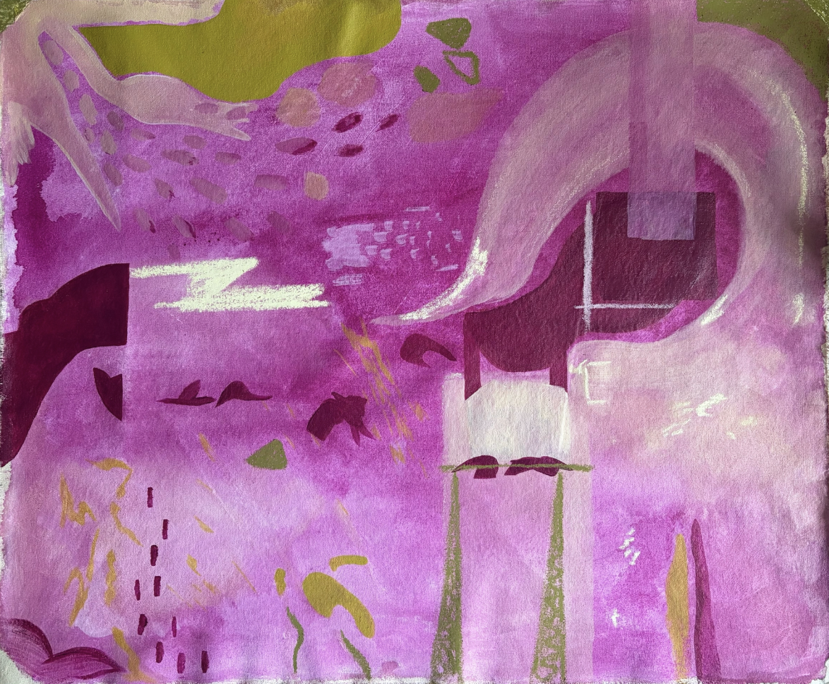 Abstract watercolor painting with shades of pink, purple, green, and hints of white and black, featuring organic shapes and fluid forms.