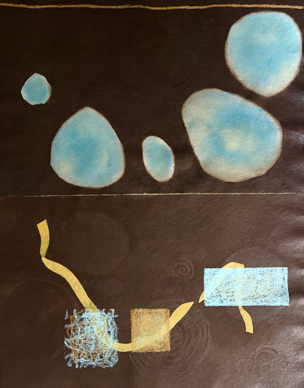 Abstract painting featuring blue and light blue blobs or circles on a dark brown background with yellow and blue rectangular shapes and yellow squiggles at the bottom.