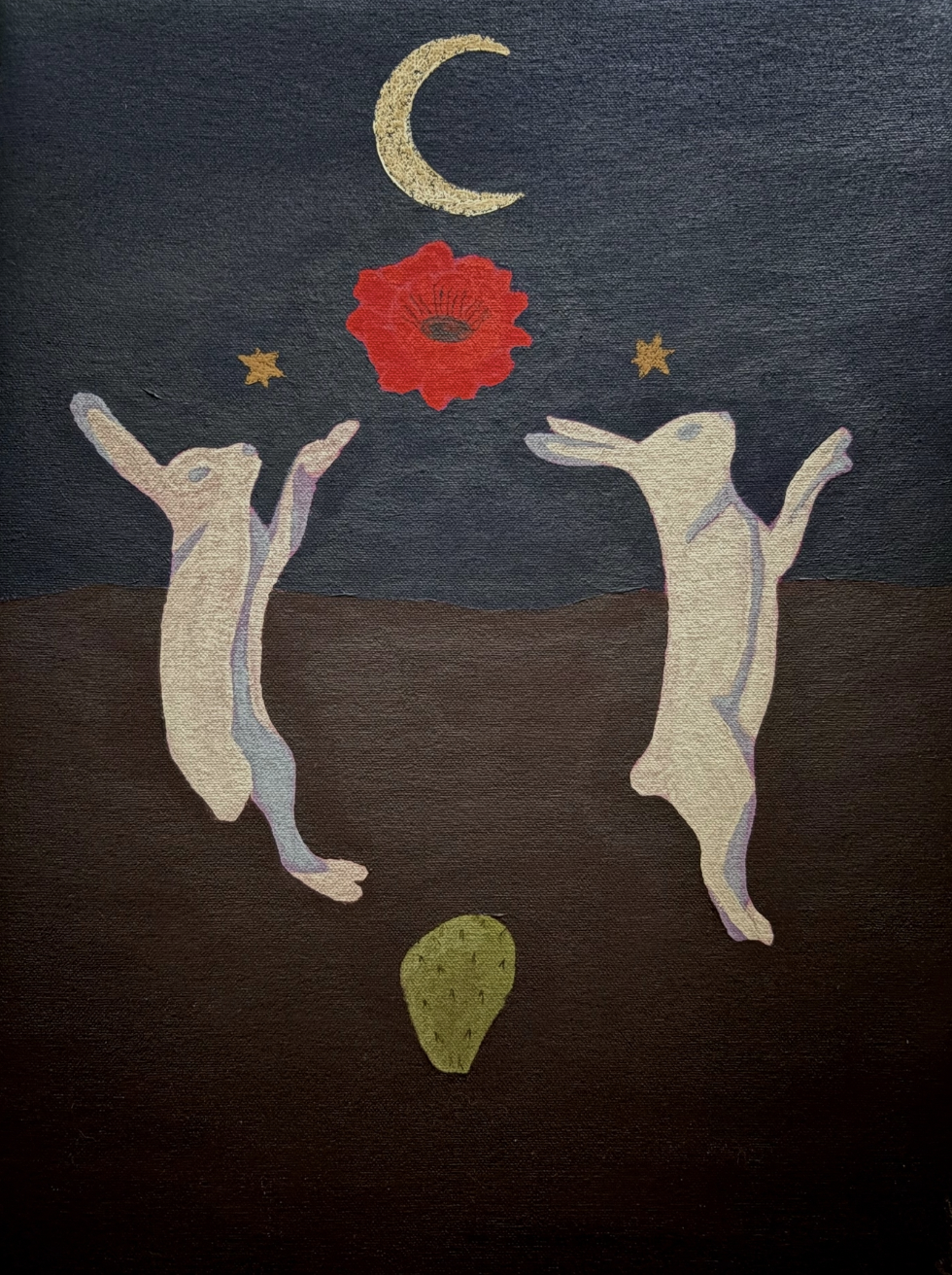 Painting of two white rabbits dancing under a dark night sky with a crescent moon, stars, a red flower, and a prickly pear cactus.