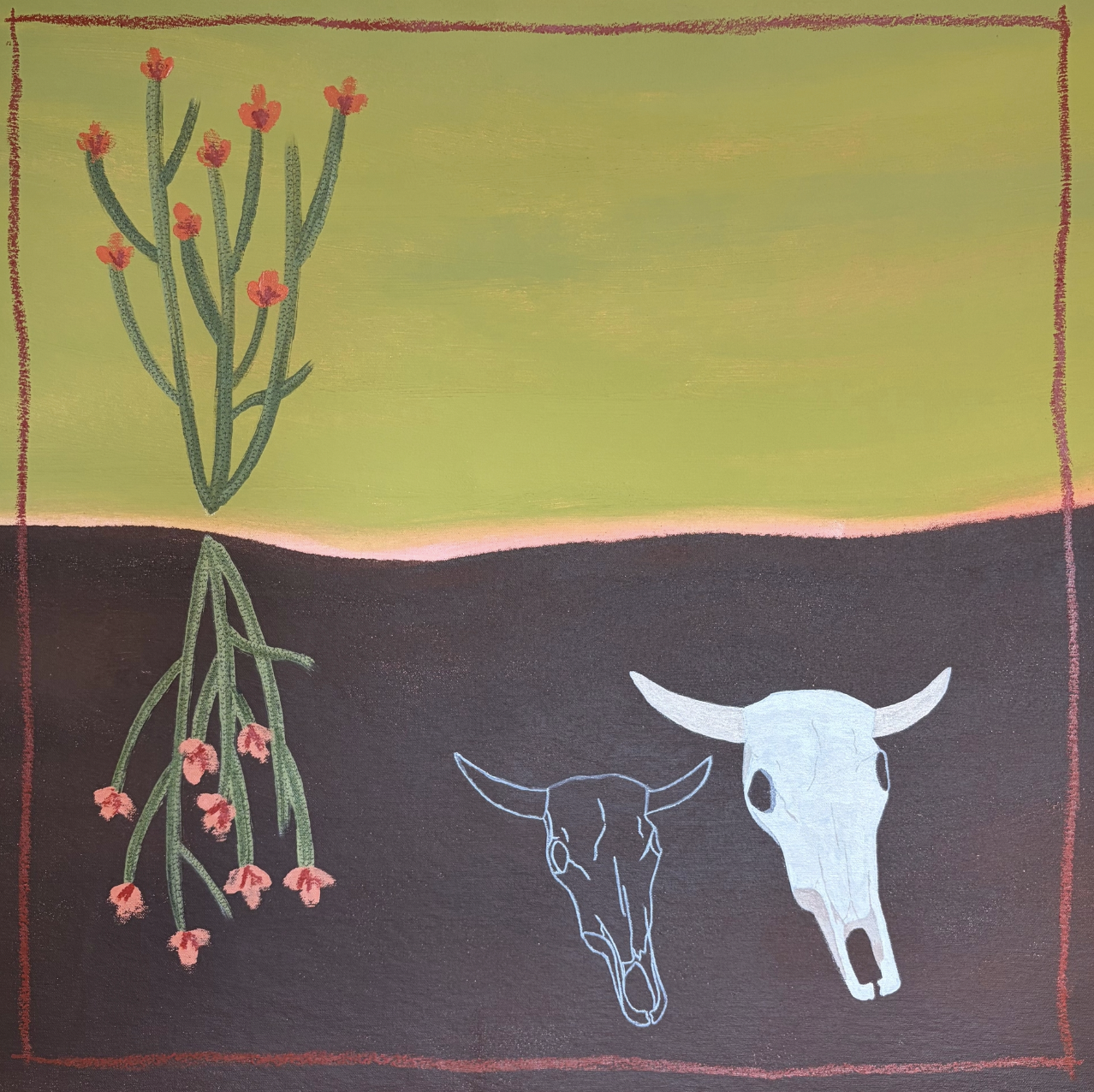 A painting of two cow skulls, one outlined in white and the other in black, on dark ground. A cactus with red flowers is reflected in a water body, with the landscape divided into green above and dark below, framed with a red border.