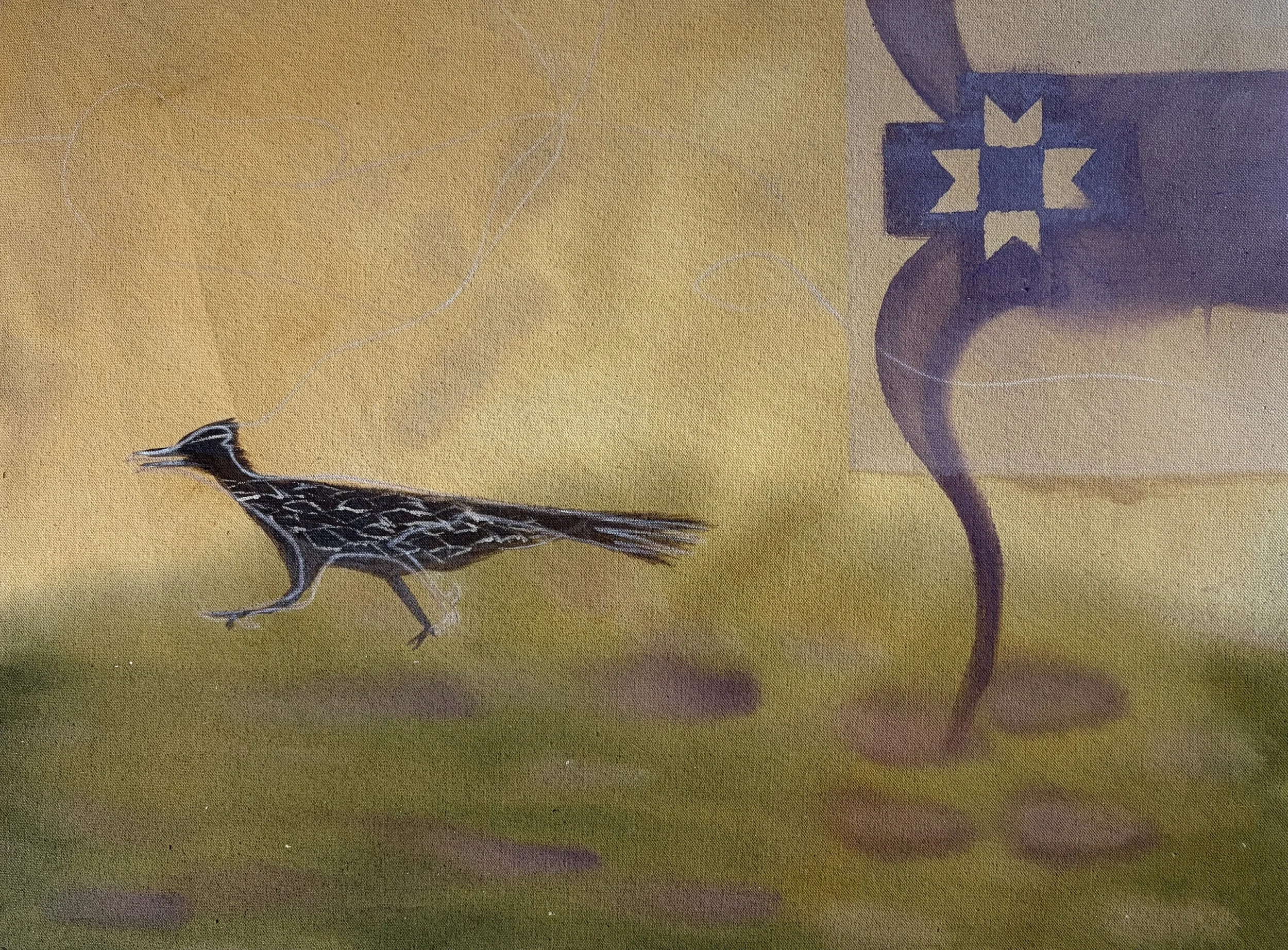 A bird with black, white, and brown plumage standing on a green surface with a faint shadow nearby. The background is a textured, yellowish color with some faint decorative swirling lines.