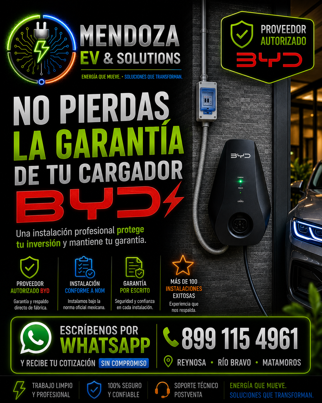 En Mendoza EV & Solutions realizamos la instalación profesional de estaciones de carga para vehículos BYD, siguiendo las buenas prácticas de instalación y los procedimientos aplicables. Somos instaladores certificados por BYD