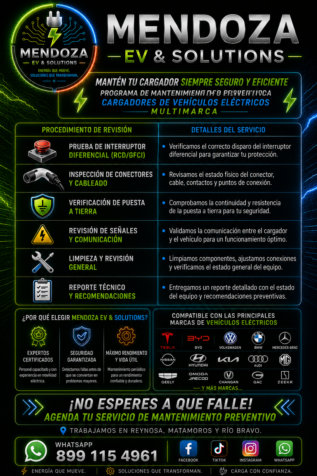 Servicio de mantenimiento preventivo para cargadores de vehículos eléctricos multimarca. Inspeccionamos los principales componentes para garantizar una carga segura, detectar fallas a tiempo y prolongar la vida útil del cargador. Compatible con BYD y
