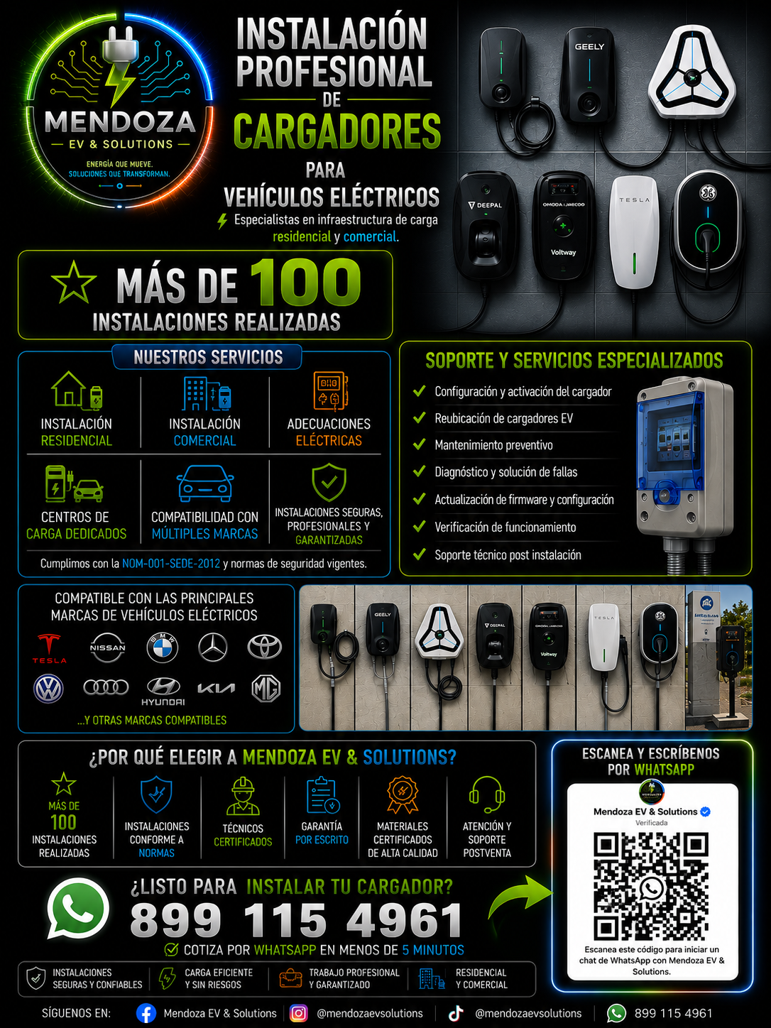 nstalación profesional de cargadores para vehículos eléctricos multimarca realizada por Mendoza EV & Solutions. Servicio residencial y comercial compatible con Tesla, Volkswagen, Nissan, BMW, Mercedes-Benz, Hyundai, Kia, MG, Audi y otras marcas.