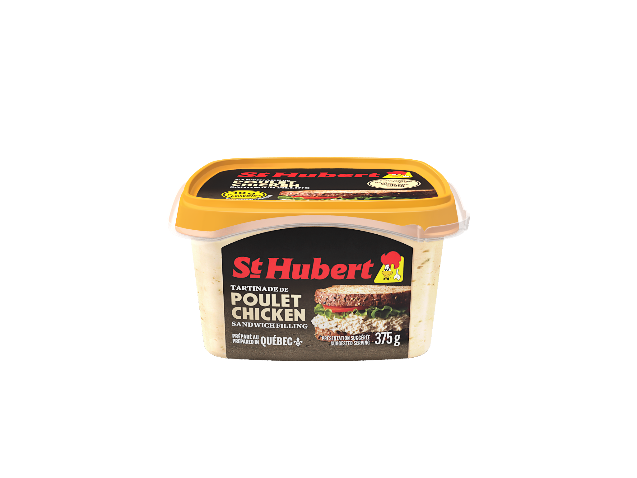 Pot de tartinade de poulet, logo de St Hubert, description en français et anglais, poids de 375 g.