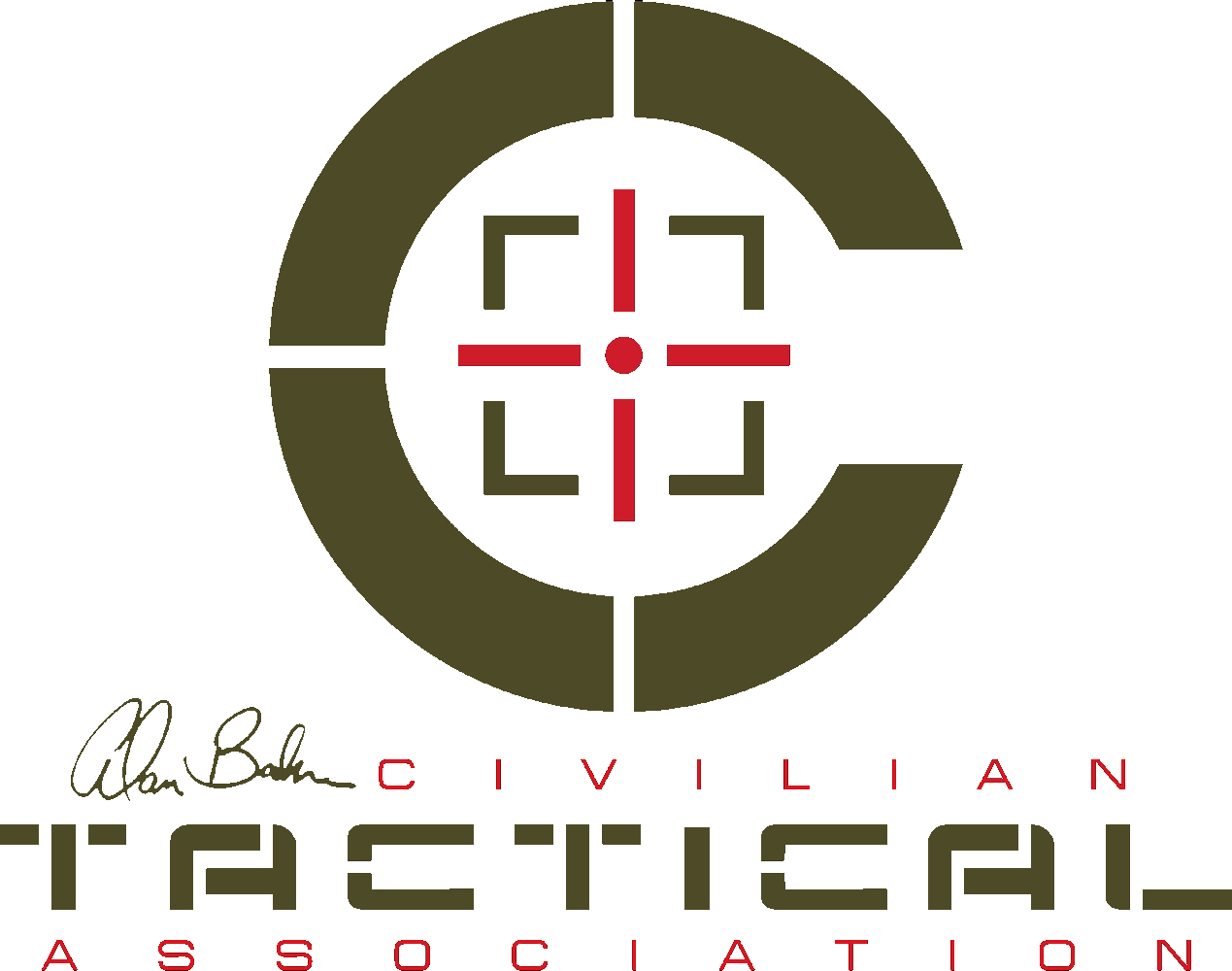 Logo of Civilian Tactical Association featuring a crosshair and tactical design with text 'Adam Baldwin' and 'CIVILIAN TACTICAL ASSOCIATION'.
