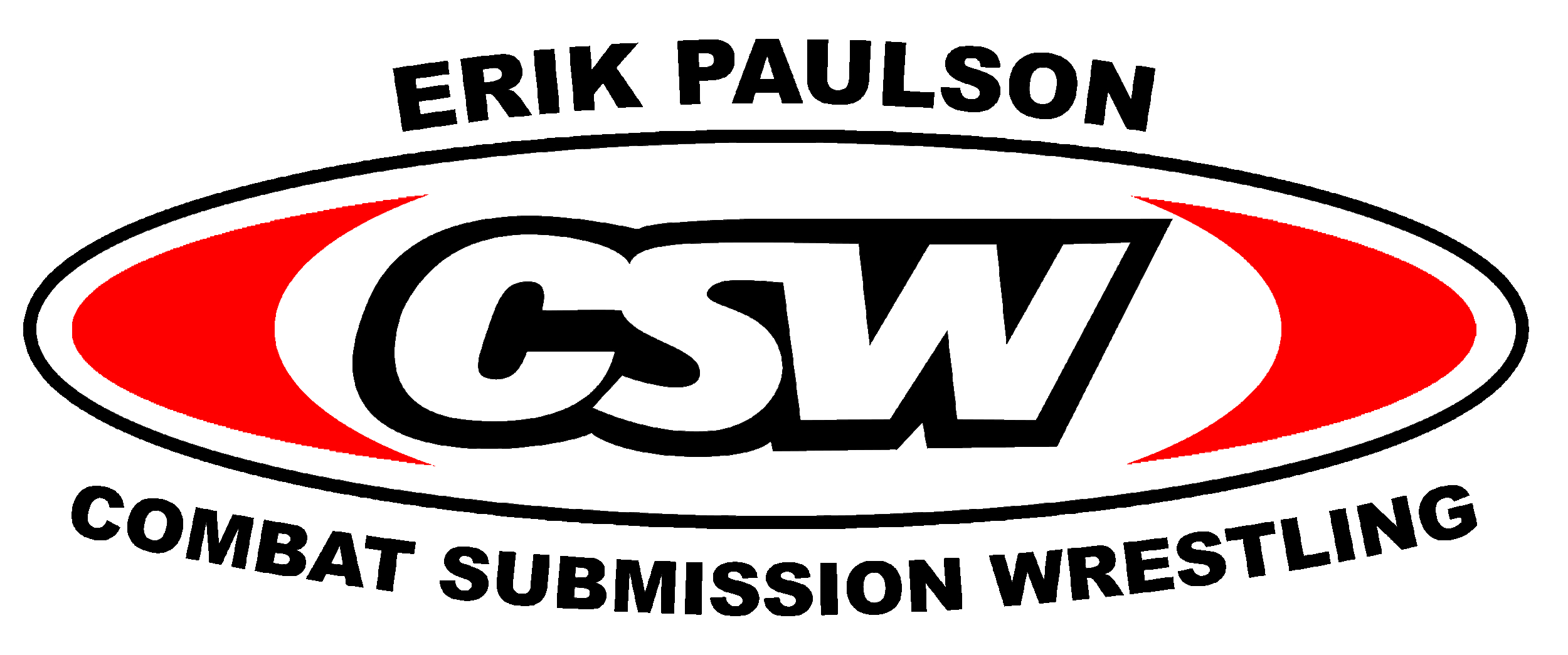 Combat Submission Wrestling logo with black text inside an oval shape with red accents at each end, and the words 'Erik Palson' above the logo