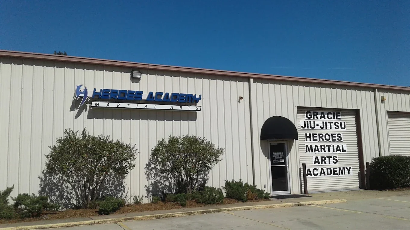 Exterior of Heroes Academy martial arts school with a signboard displaying 'Gracie Jiu-Jitsu Heroes Martial Arts Academy'