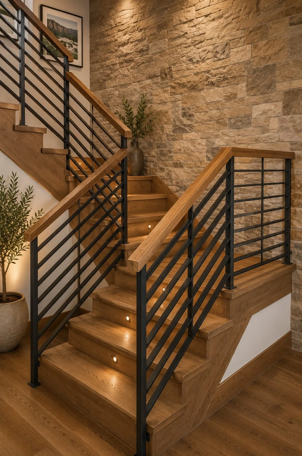 Walnut staircase with black custom railing and stone accent wall, Fraser, Colorado