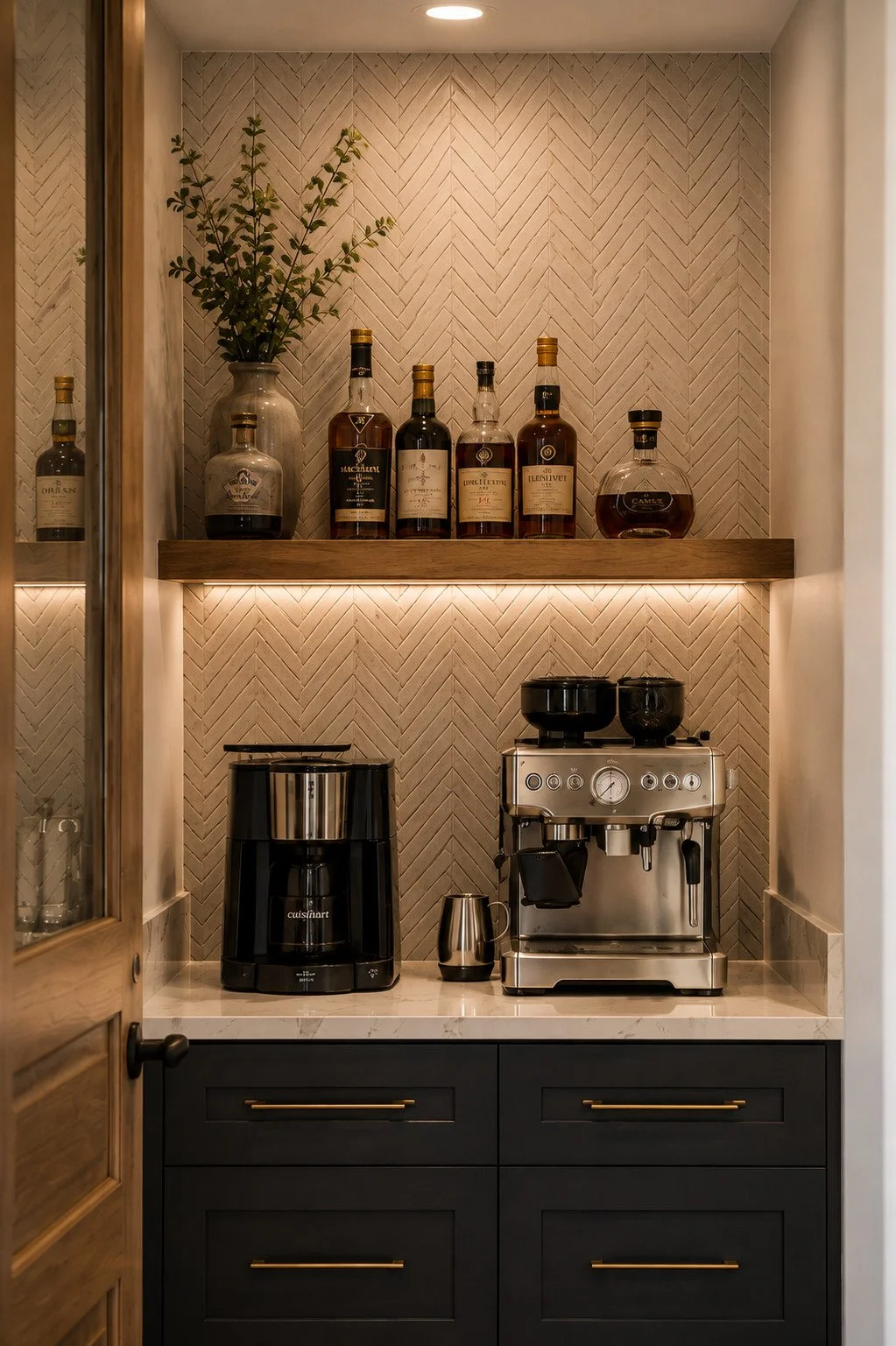 coffee station in butler pantry with oak floating shelf, Parker, Colorado