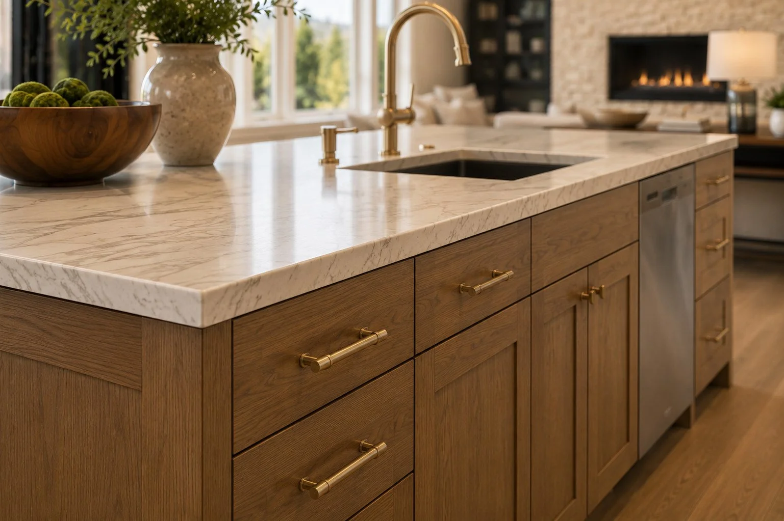 Kitchen island with brass handles and gold faucet, Parker, Colorado