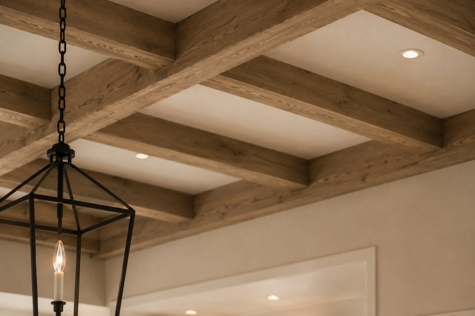 Custom oak ceiling beams in kitchen with geometric chandelier, Parker, Colorado
