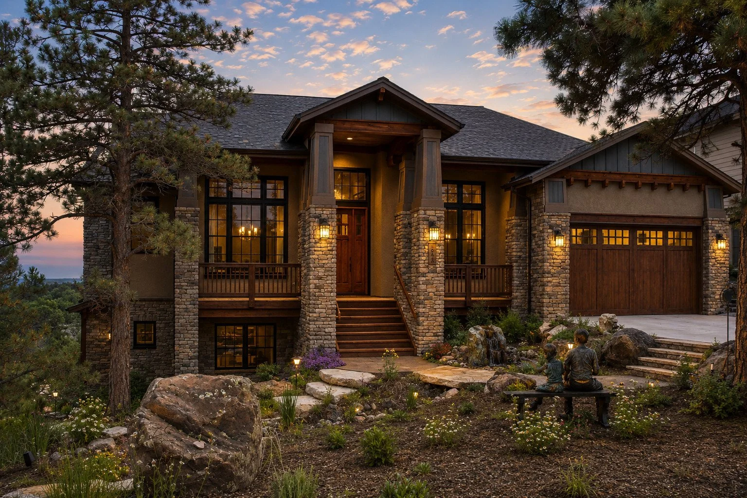 Custom home exterior with stone and wood detailing, illuminated entry and landscaped grounds at sunset, Castle Rock, Colorado